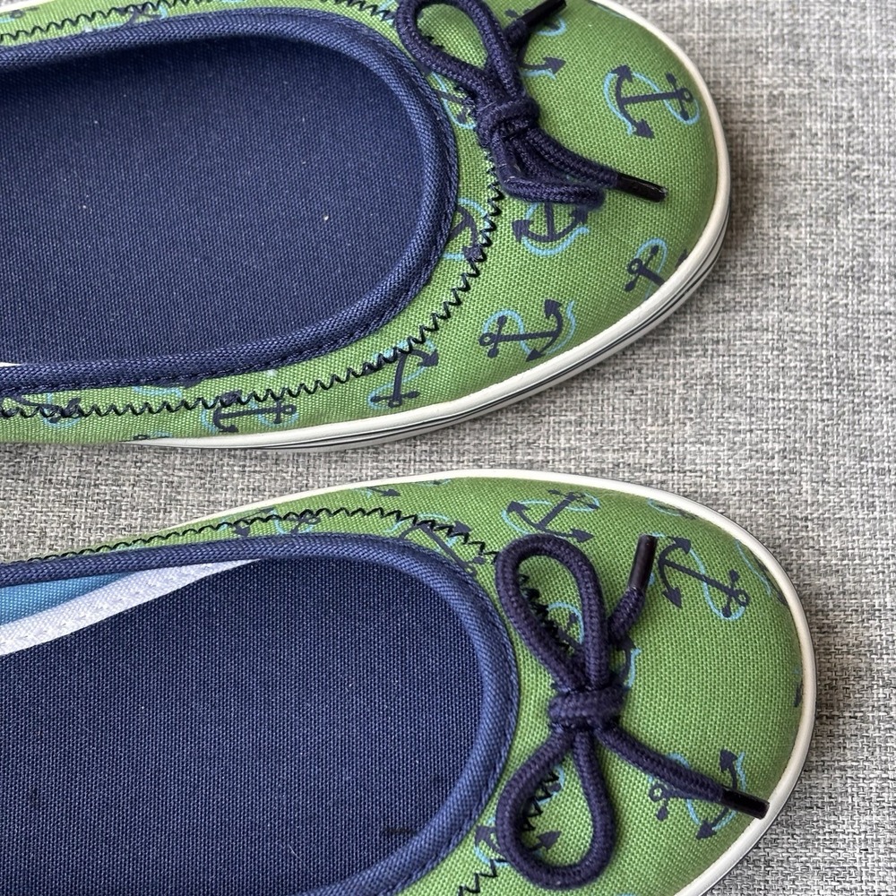 L.L. Bean Women's 8W Boat Sneaker Shoes Canvas Green Blue Nautical Anchors - Picture 10 of 14